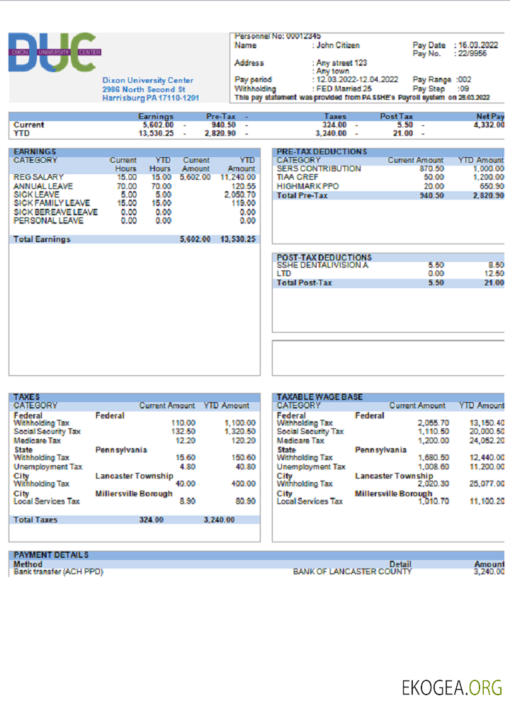 Talon de salaire d'une entreprise éducative du Dixon University Center aux États Unis